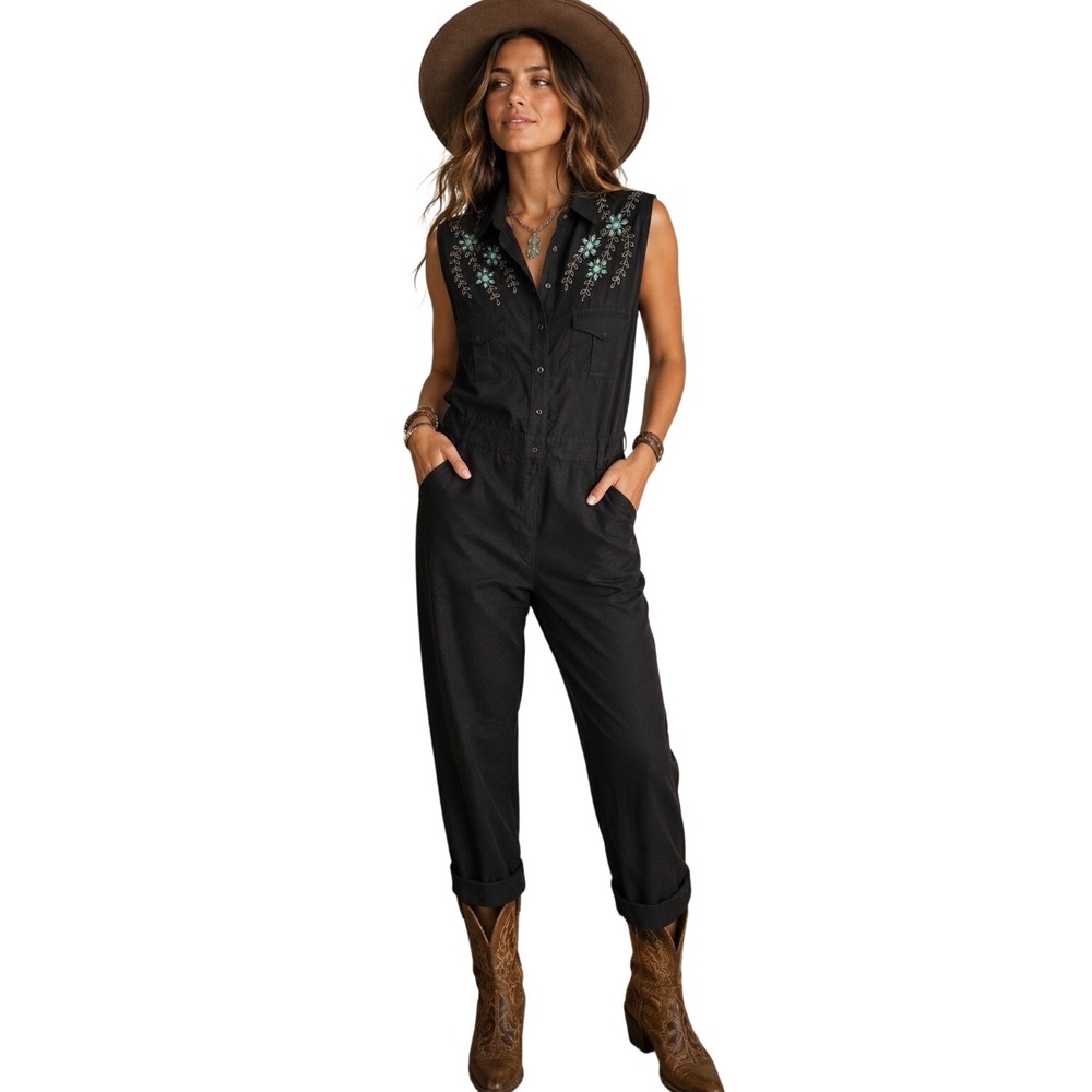 The Kooples Black Jumpsuit Western Cowgirl Floral Beads Turquoise Size 2 Medium